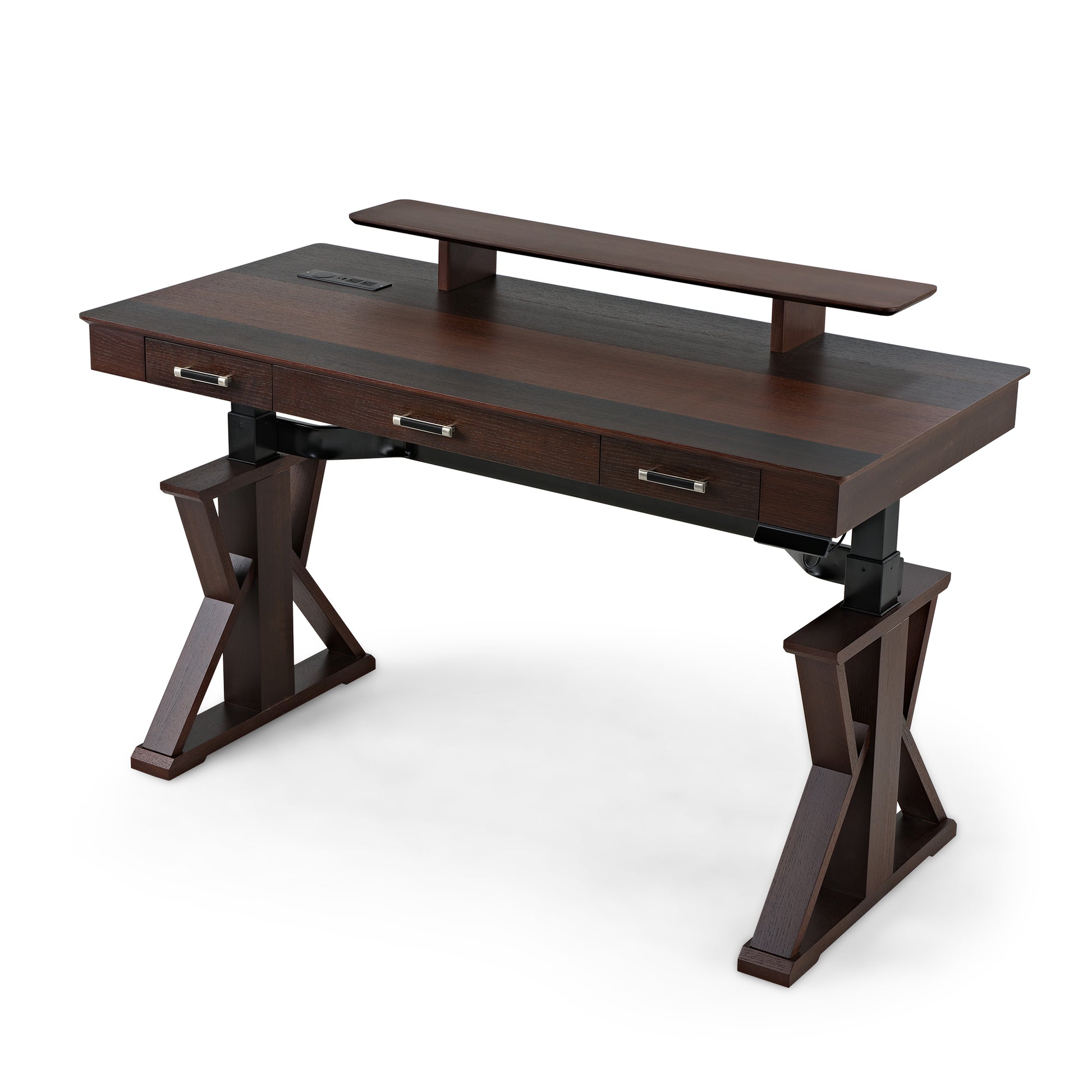 Ark Sws Pro Executive Standing Desk: Dark Wood Finish, X-Shaped Legs, Monitor Shelf, and Ergonomic Design.
