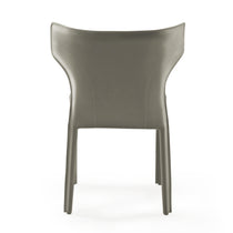 Majestic Gray Leather Dining Chair, Whale-Tail Backrest Detail. Modern Dining Room Furniture.