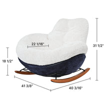 Chloe Rocking Lounge Chair in Off-White Sherpa and Navy Fabric With Measurements.