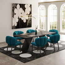 Rlesana Velvet Dining Chair Set in Teal Around Black Dining Table, Petal Back Detail.