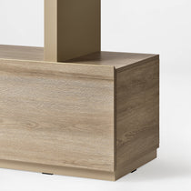 Eureka Ergonomic Ark 78 inch oak bookshelf with close-up of the wood cabinet base