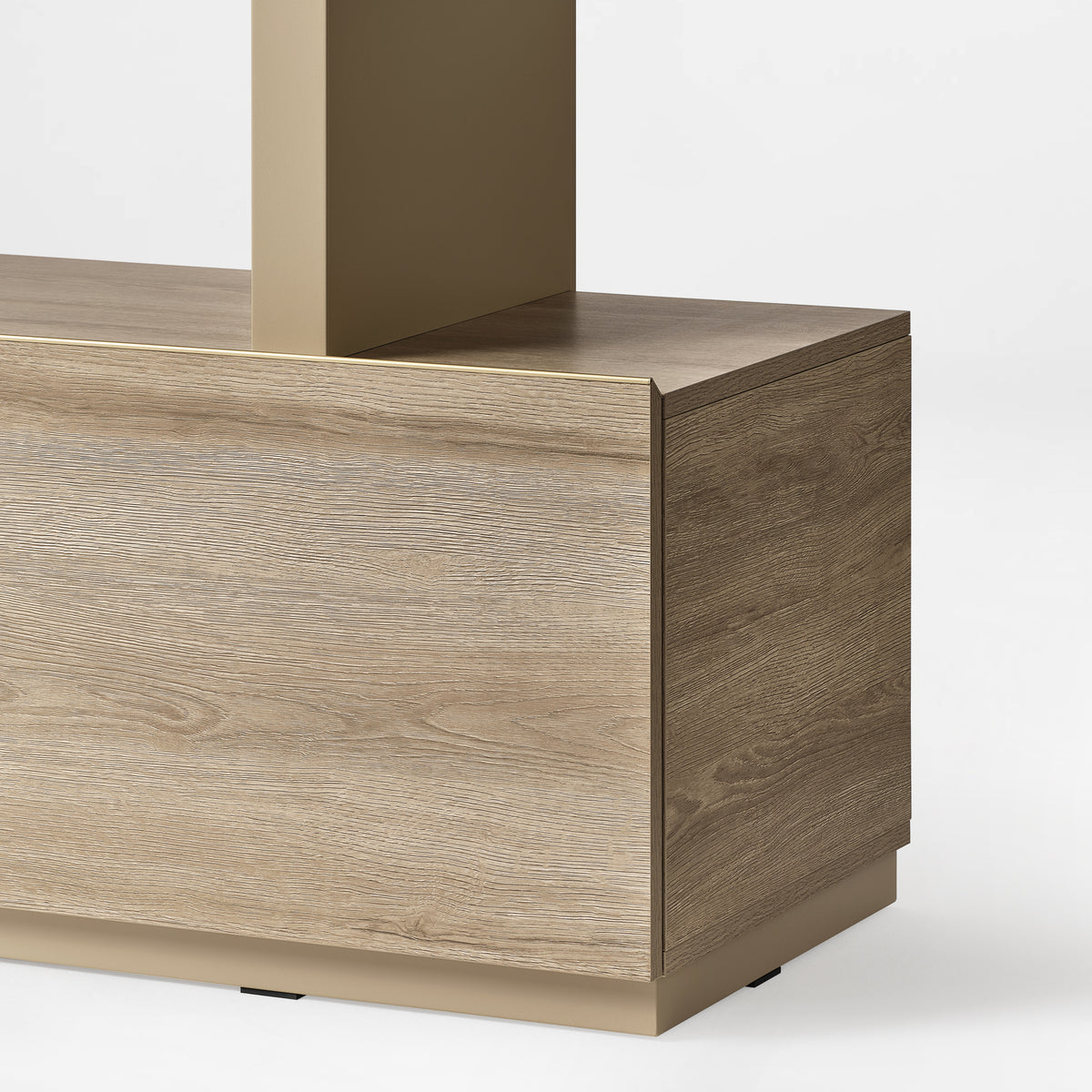Eureka Ergonomic Ark 78 inch oak bookshelf with close-up of the wood cabinet base