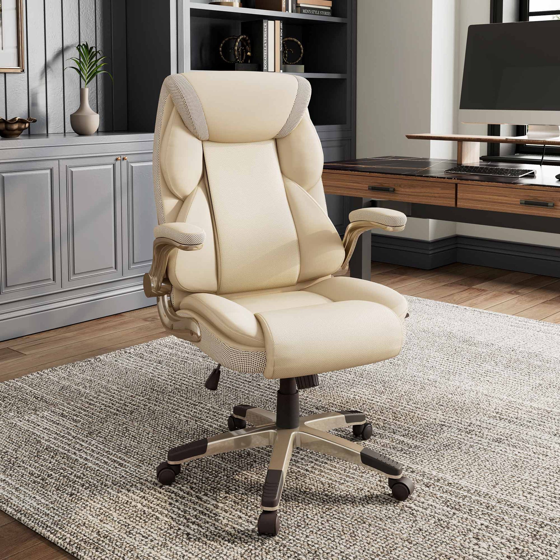 Galene, Home Office Chair, Off white, Lifestyle on hardwood with two drawer standing desk,XL