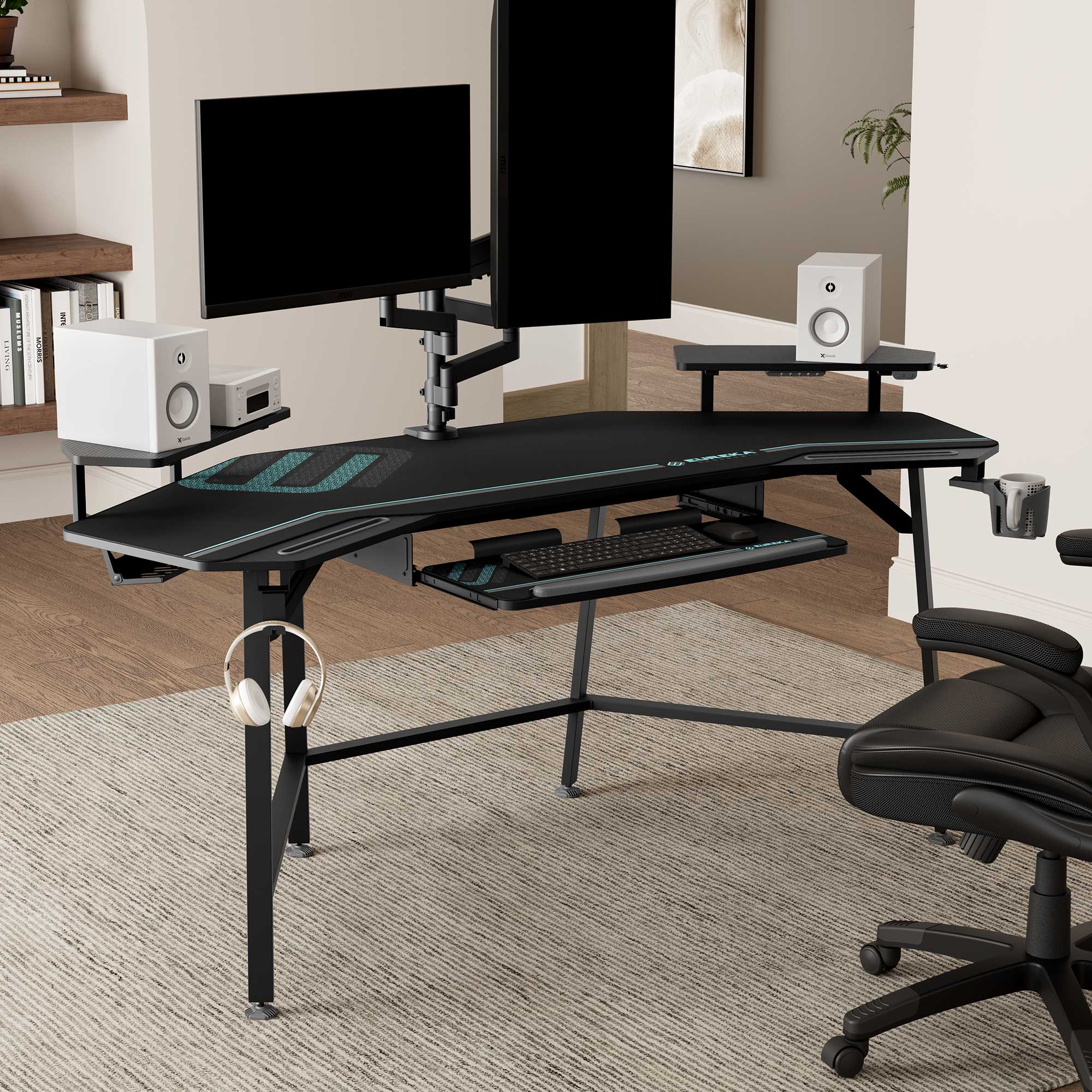 Eureka Black Large Wing-shaped Gaming Desk with Full Desk Mouse Pad