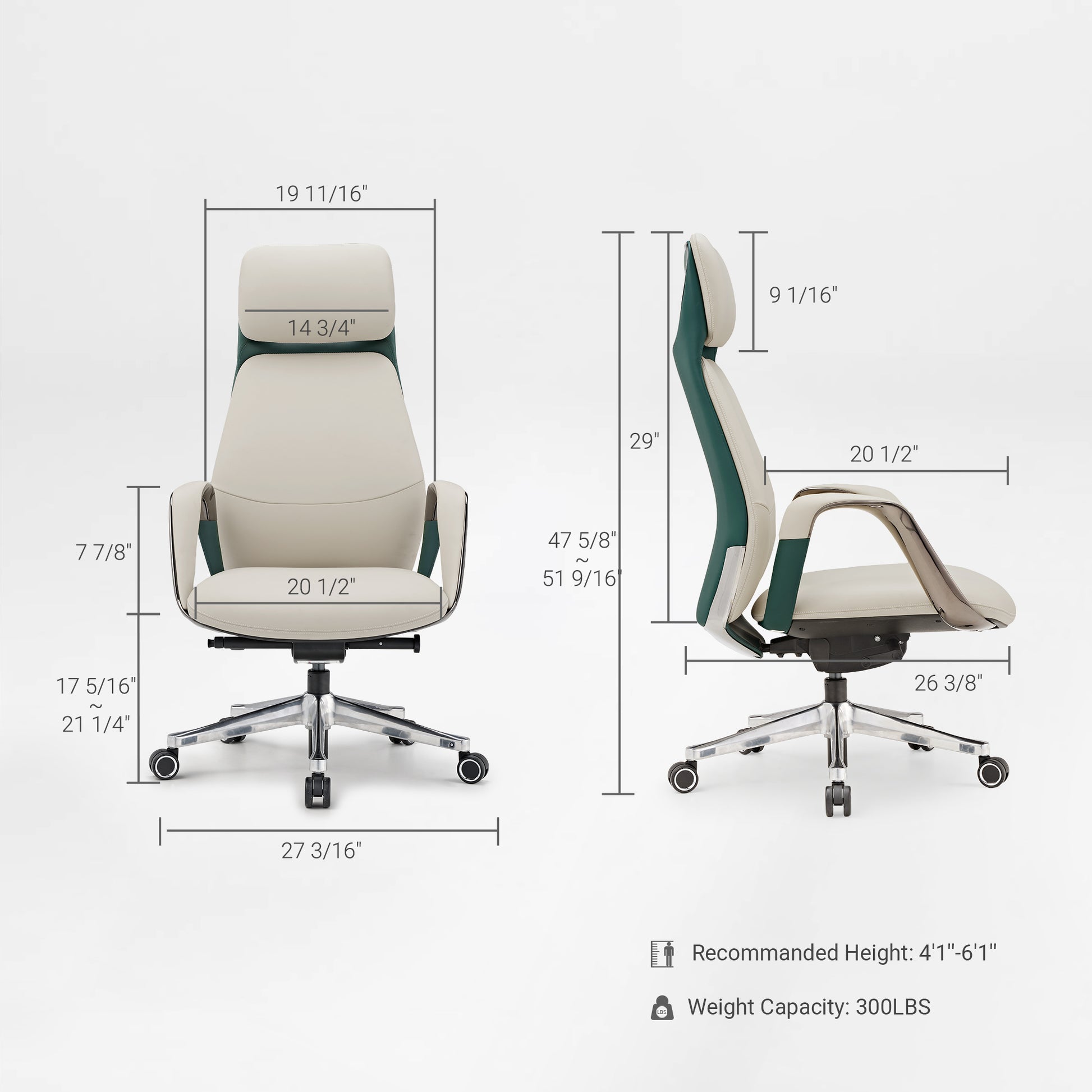 Eureka Ergonomic Serene executive chair dimensions: front & side views, height, width, depth for cream/green Napa leather chair.