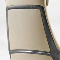 Eureka Ergonomic Light beige Royal Renee executive office chair back detail: microfiber leather, carbon fiber accent panels, and chrome strip.