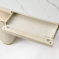 Eureka Ergonomic Opal Oval Executive Standing Desk Drawer Detail, Beige Linen Interior With Logo, Marble Top and Fluted Leg.