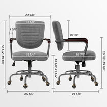Cole Task Office Chair: Dimensions Shown, Gray Pu Leather With Solid Wood Arms, Ergonomic Design, Caster Wheels.