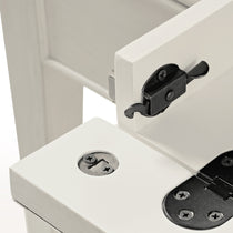 Farmhouse Desk Drawer Detail: White Frame, Black Metal Hardware, Vintage Style, and Materials.