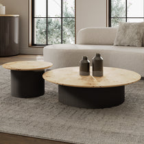 Birch Veneer Coffee Table Set, Modern Design With Light Wood Top and Dark Metal Base, Ideal for Living Spaces.