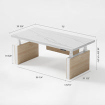 72'' Zen Pro Executive Standing Desk with White Sintered Stone and Wood Accents with Product Dimensions.