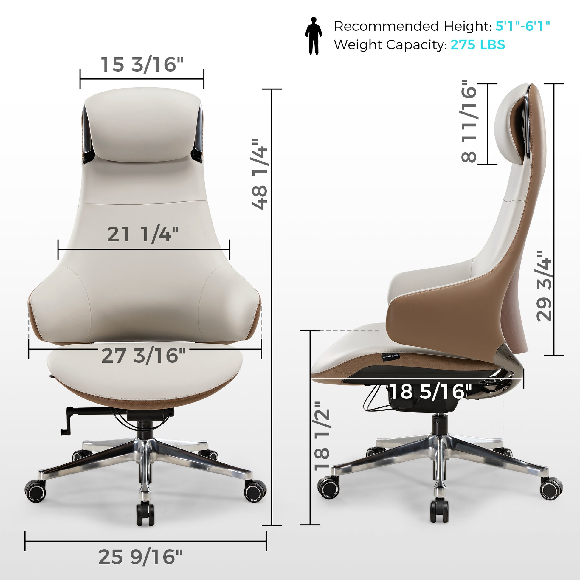 Executive High Back Office Chair，Off-White，Dimensions