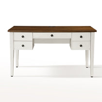 Farmhouse Office Desk With Drawers, White Base, and Wood Top, Perfect for a Modern Workspace.