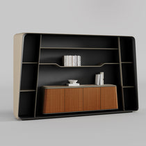 Eureka Ergonomic Zen Lunar bookcase: wood cabinet, marble top, beige frame, black shelves. Modern design.