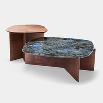 CT04 Coffee Table Set, Irregular Blue Jade Marble Top With Walnut Wood Frame, Modern Living Room Furniture.