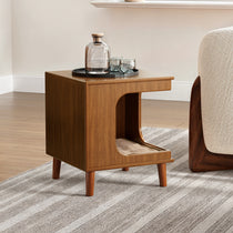 Wooden Cat Bed Side Table With Integrated Cat Hideaway, a Stylish and Functional Furniture Piece for Cat Owners.