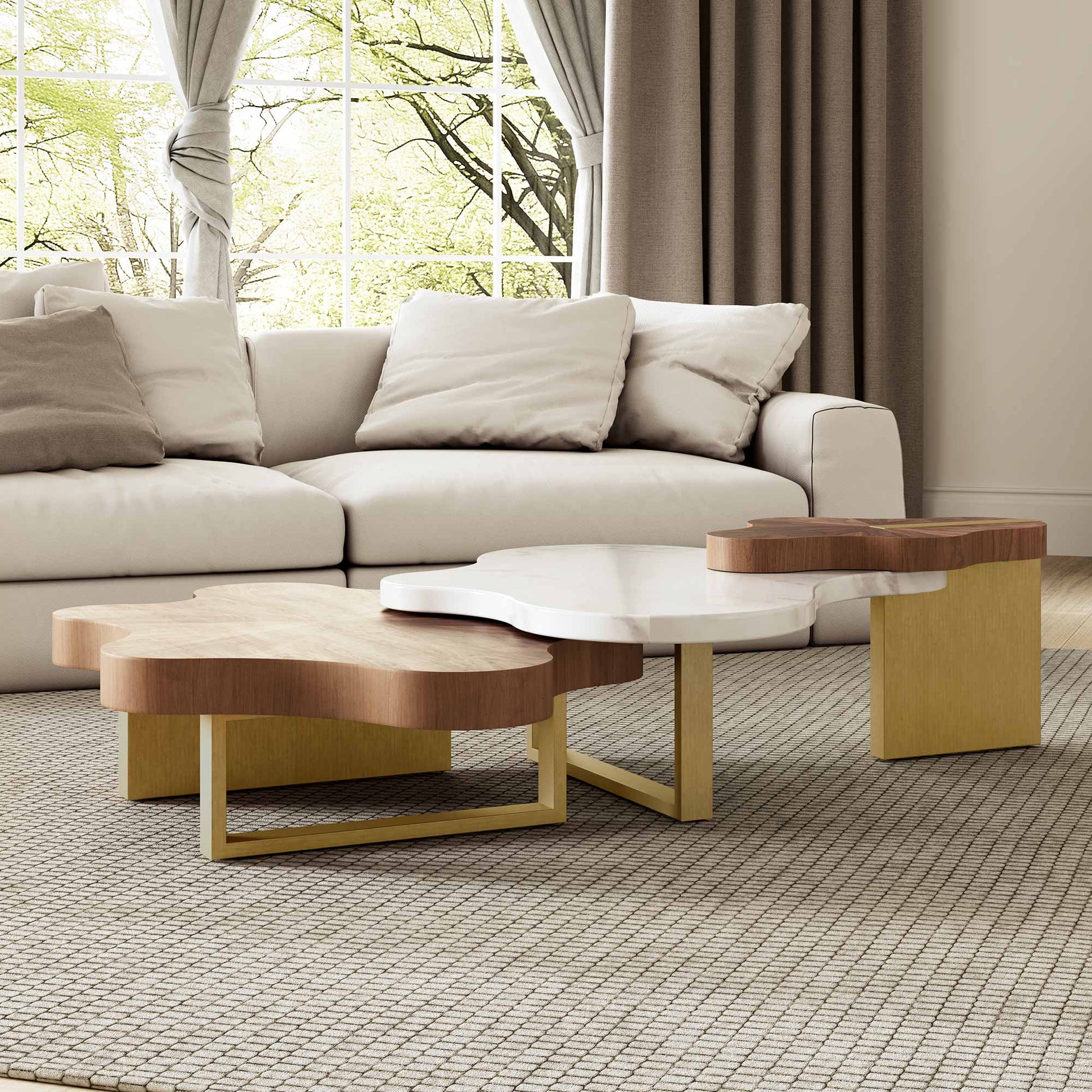 Eureka Ergonomic 63" Cloud Shape Solid Wood Coffee Table Set in living room 