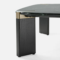 Prada Green Marble Coffee Table With Black Wood Base and Gold Accents - Modern Luxury Furniture.