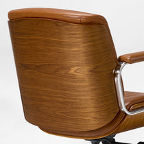 Eureka Ergonomic close-up of the brown Mathias Mason chair's curved walnut wood back shell