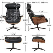 Matteo Lounge Chair and Ottoman Dimensions in Black Leather and Wood Accents, Ergonomic Design.