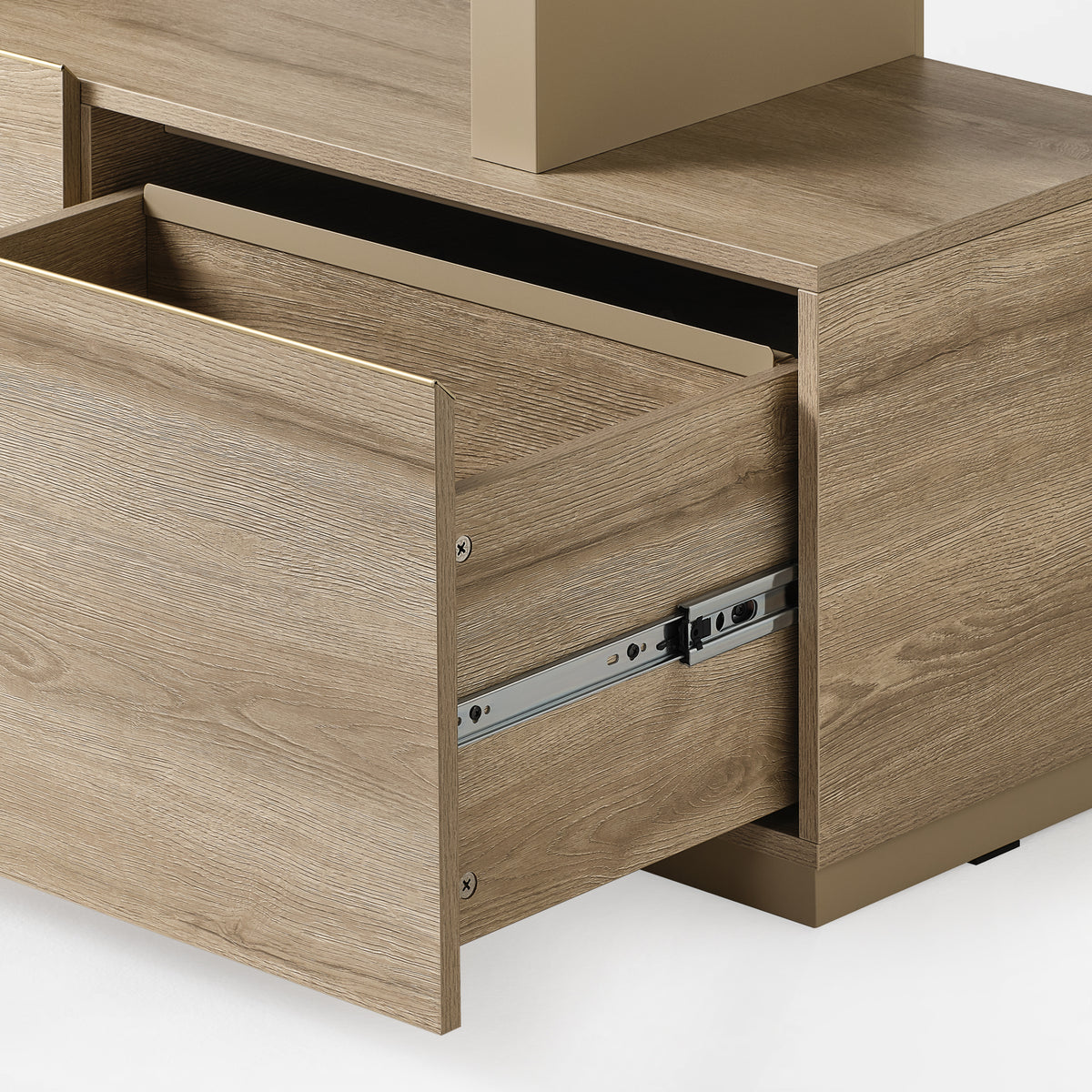 Eureka Ergonomic Ark 78 inch oak bookshelf with an open drawer and visible sliding hardware