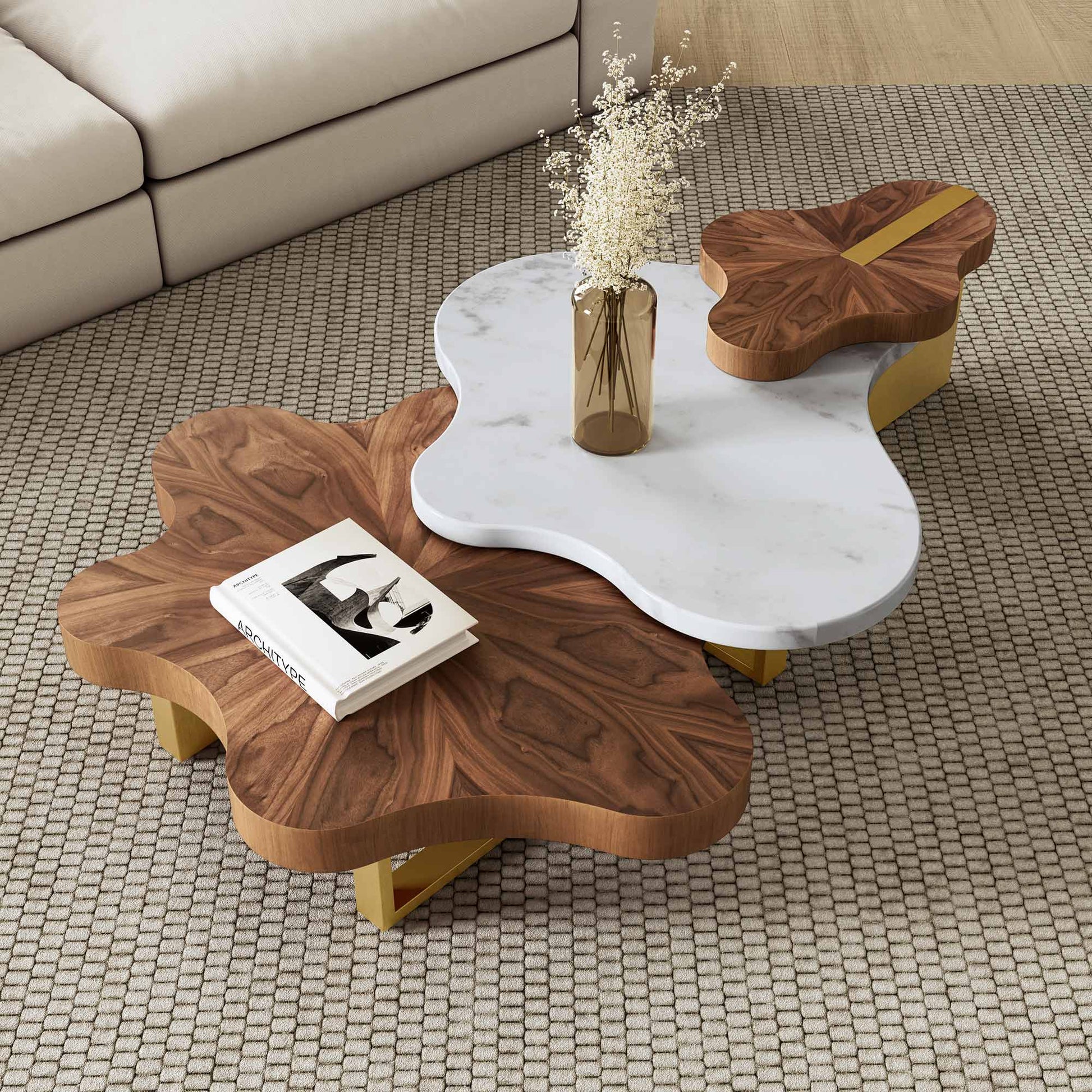 Eureka Ergonomic 63" Cloud Shape Solid Wood Coffee Table Set in living room 