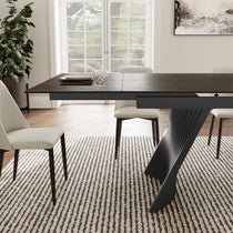 Charlotte Extendable Dining Table With Sintered Stone Top, Black Metal Legs, and Ivory Chairs, Modern Dining Room Design.