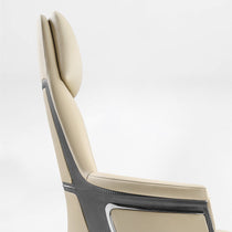 Eureka Ergonomic Light beige Royal Renee executive chair side: microfiber leather headrest, armrest, back w/ stitching & carbon fiber accent.