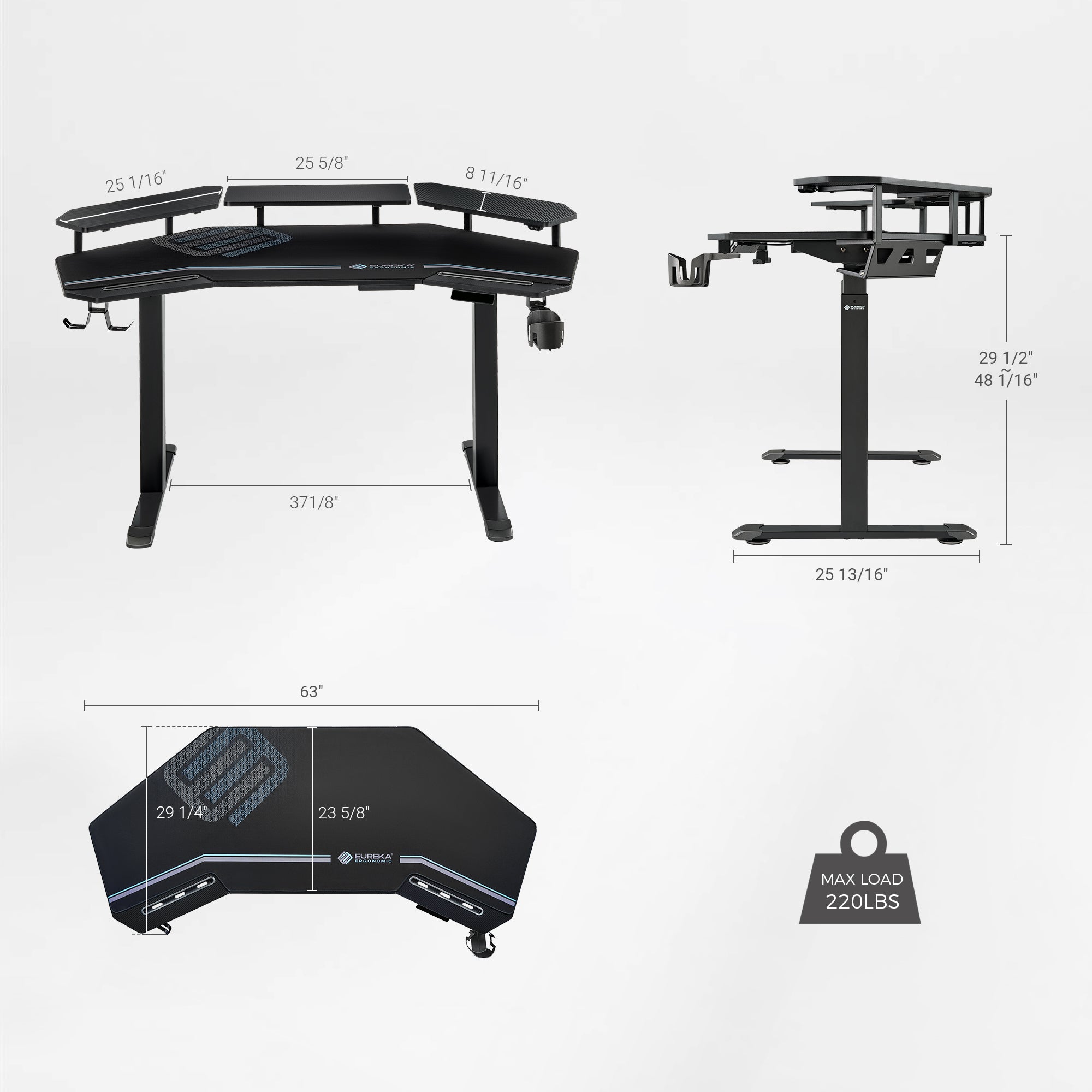 Eureka 63'' Wing Shaped Electric Standing Desk with monitor shelves