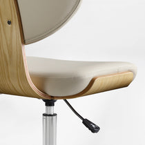 Eureka Ergonomic Close-up of off-white faux leather office chair seat with stitching, curved light wood veneer shell, and height lever.