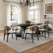 Modern Dining Room Set With Off-White Cedar Chairs, Woven Backs, and Dark Wood Table.