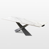 Evelyn Extendable Dining Table With White Sintered Stone Top and Modern Black X-Shaped Legs.