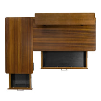 Eureka Ergonomic Ark Pro L-shaped walnut standing desk with open drawers.