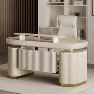 Eureka Ergonomic Opal Cream executive office desk and matching modesty panel in birch wood veneer, featuring a fluted design and rounded silhouette.
