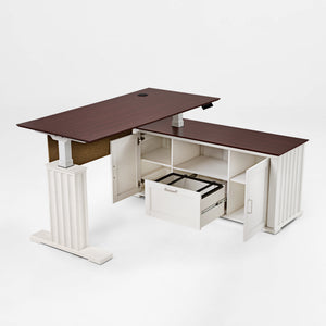 Eureka Ark Es Executive Standing Desk, Mahogany Veneer Top and White Cabinet With Storage, Modern Office Furniture.
