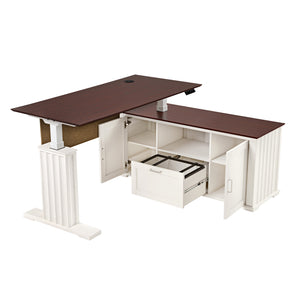 Eureka Ark Es Executive Standing Desk, Mahogany Veneer Top and White Cabinet With Storage, Modern Office Furniture.