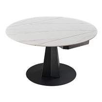 Amelia Round Extending Dining Table, White Granite Top and Black Base, Extends From 33 to 53.