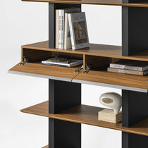Eureka Ergonomic Ark 78 inch walnut bookshelf with drawers and display shelves, open shelf detail