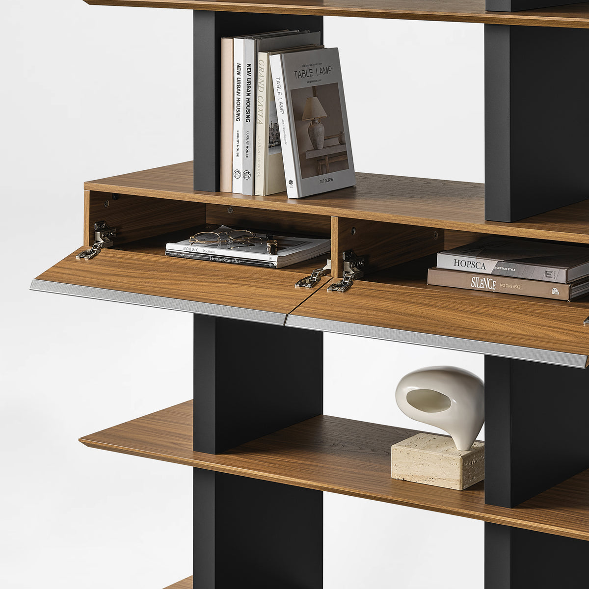 Eureka Ergonomic Ark 78 inch walnut bookshelf with drawers and display shelves, open shelf detail