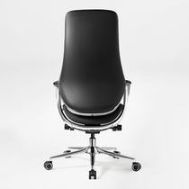 Eureka Ergonomic Nox black genuine leather executive chair rear view with polished chrome frame and five-star base.