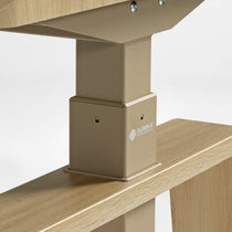 Eureka Ergonomic Close-up of Ark Lite standing desk mechanism with light woodgrain top, beige trapezoidal leg.