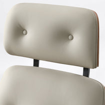 Eureka Ergonomic Close-up of Mathias light beige Napa leather executive chair headrest with button tufting and wood veneer shell.