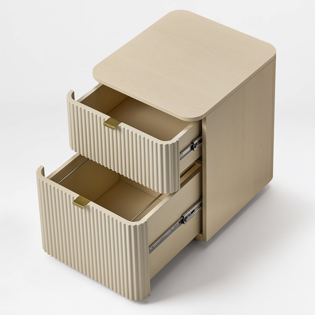 Eureka Ergonomic Opal 2 drawer file cabinet with both drawers pulled open, showing full extension slides