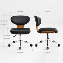 Eureka Ergonomic Matt black faux leather office chair with walnut veneer shell, chrome base, and casters, shown with dimensions indicated.