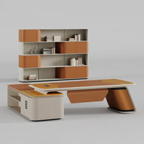 Eureka Ergonomic Zen Altair executive desk and bookcase set with orange faux leather accents and light wood veneer.