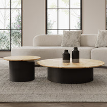 Birch Veneer Coffee Table Set in a Modern Living Room Setting With a Light Wood Top and Dark Metal Base.