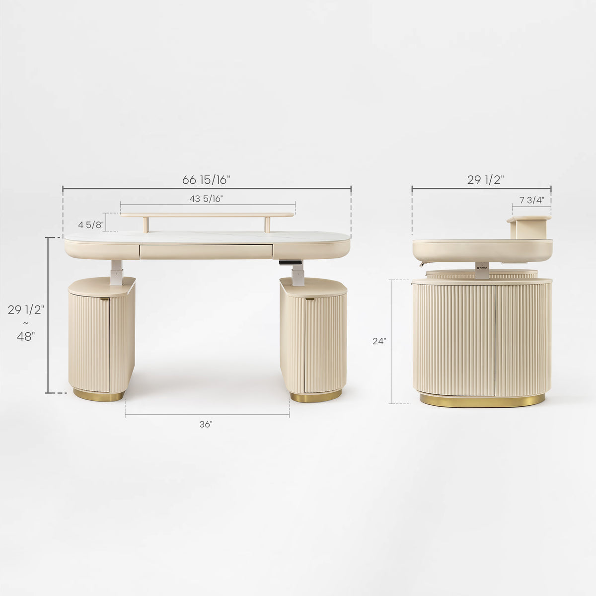 Opal Oval Executive Standing Desk Technical Drawing With Dimensions. 66X29 Desk With Storage, Ergonomic Design.