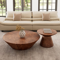 Brown Round Coffee Table Set of 2 in Living Room Setting With Sofa and Rug.