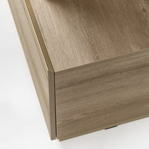 Eureka Ergonomic Ark 78 inch oak bookshelf with a refined metal accent strip along the drop-down drawer edge
