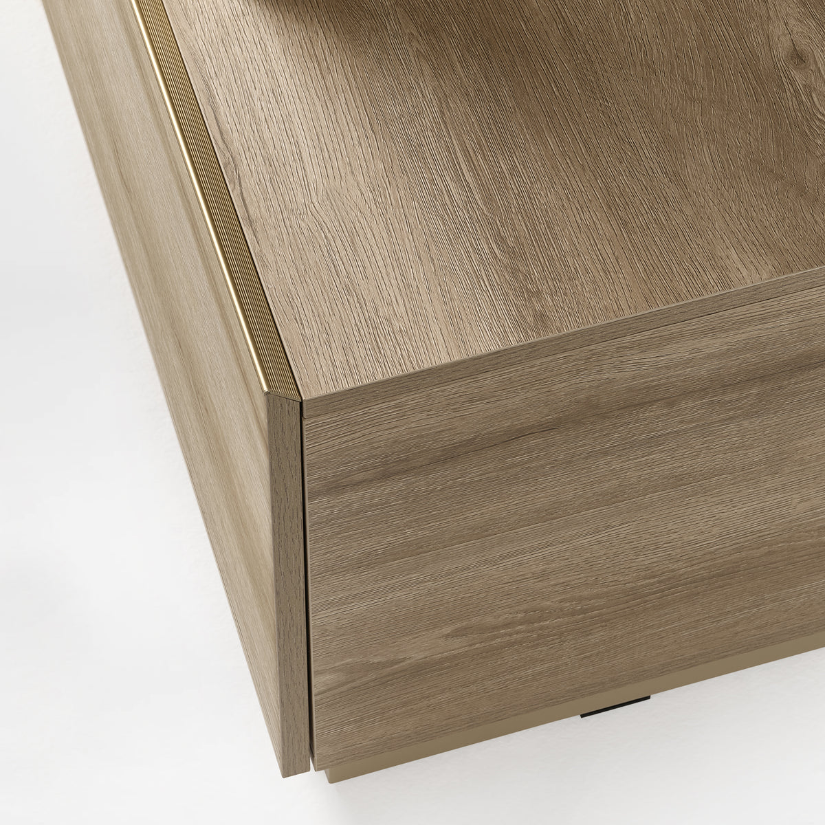 Eureka Ergonomic Ark 78 inch oak bookshelf with a refined metal accent strip along the drop-down drawer edge